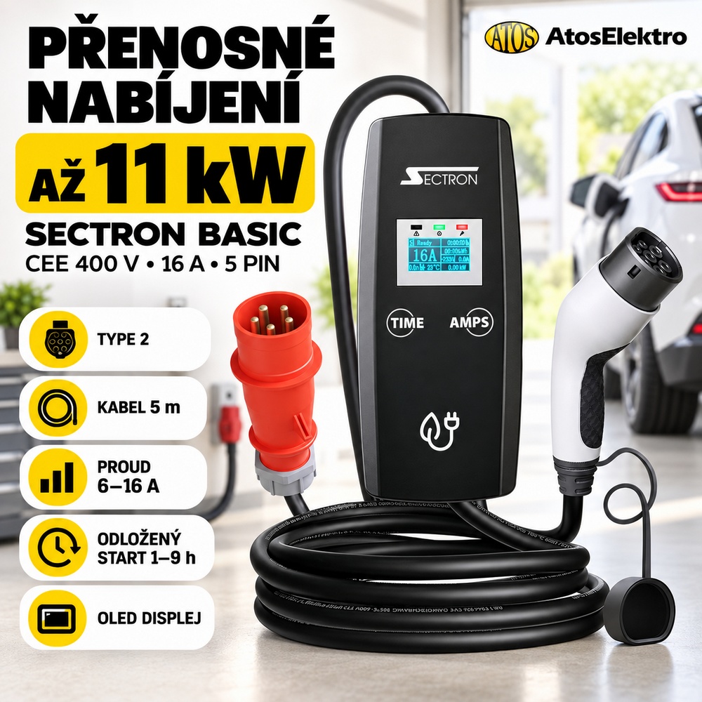 Přenosná nabíječka SECTRON BASIC 5m /16A, 400V, CEE 5pin - Type 2/